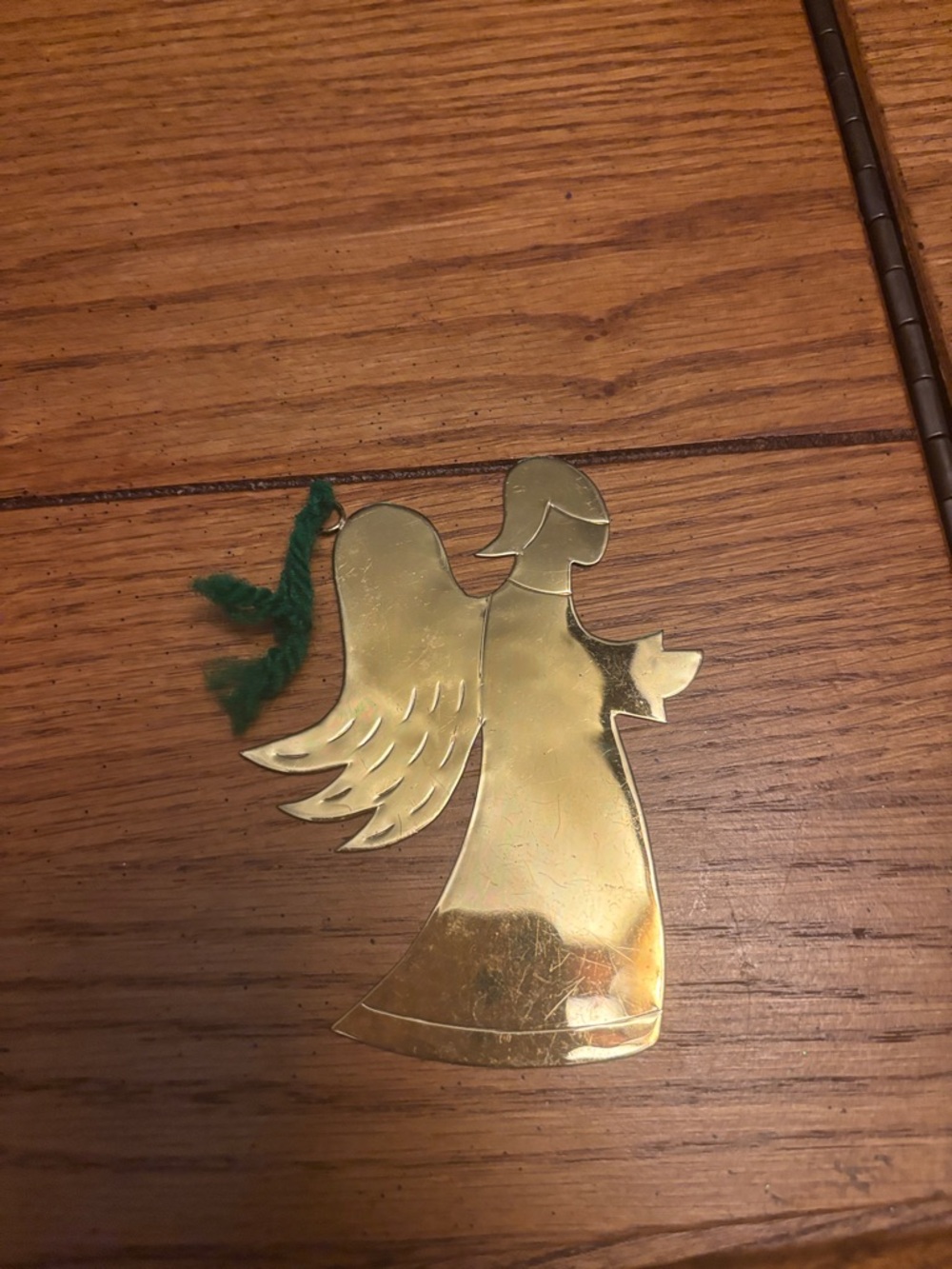 Brass Angel Ornament with Green Yarn Loop